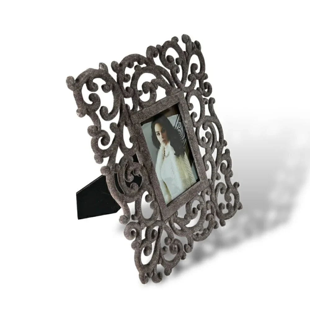 Grey Velvet Scroll Flourish Ornate Decorative Rectangular Picture Photo Frame